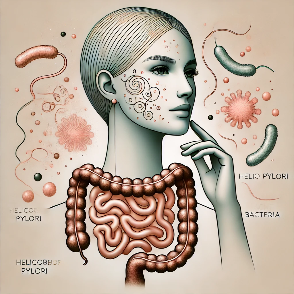 DALL·E 2024-09-20 18.11.46 - A 2D graphic illustration with a sophisticated and fashion-forward aesthetic, depicting the connection between Helicobacter pylori (H. pylori) bacteri