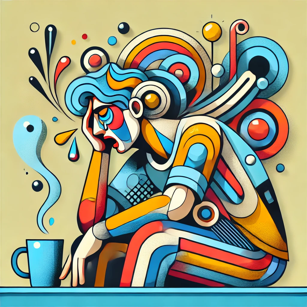 DALL·E 2024-09-21 17.07.33 - A modern art-style 2D illustration of a person feeling exhausted and sluggish in the morning, with a contemporary and abstract approach. The design fe